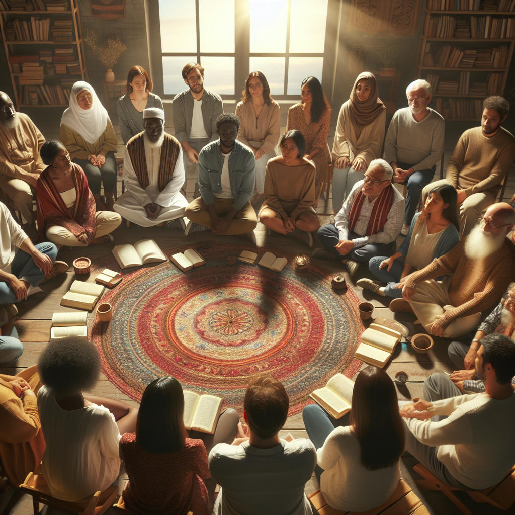 A group of people from different religious backgrounds engaging in a respectful and open dialogue, sitting in a circle, with books and cultural artifacts around them, high detail, warm and inviting atmosphere