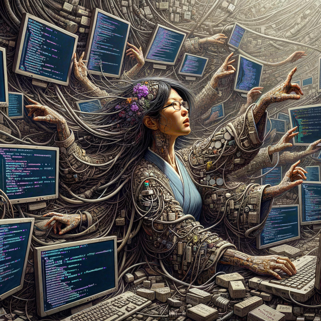 A programmer seated in front of a mess of wires and monitors