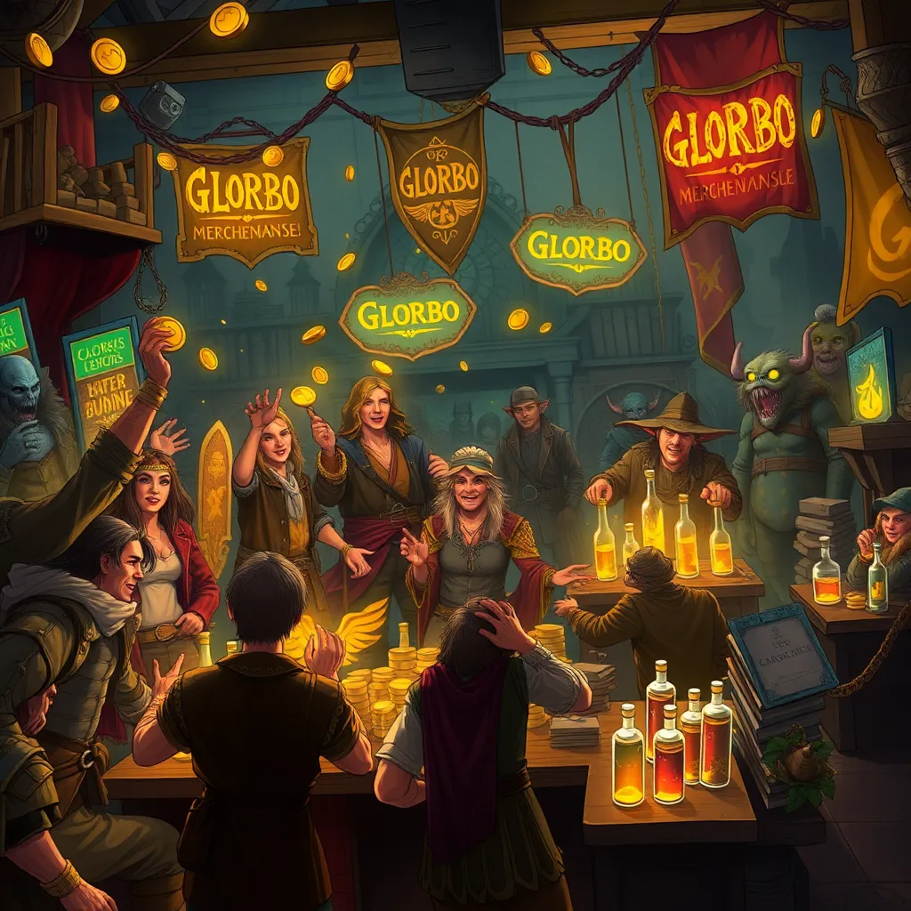fantasy auction house in chaos, adventurers waving gold coins and magical items, glowing signs reading Glorbo merchandise, goblin traders frantically shouting, stacks of armor and potions everywhere, comedic high fantasy marketplace frenzy
