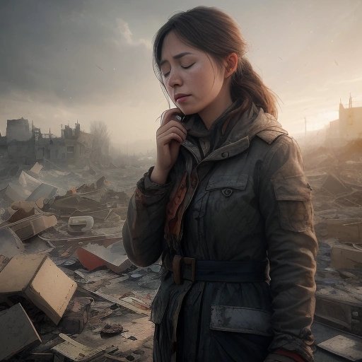 Woman mourning in the rubble