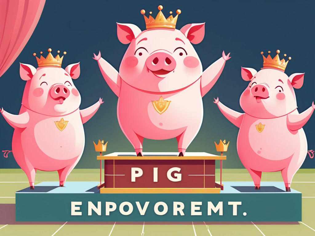 a pig standing on a podium with a crown, being cheered by other pigs, with a banner that reads 'Pig Empowerment'