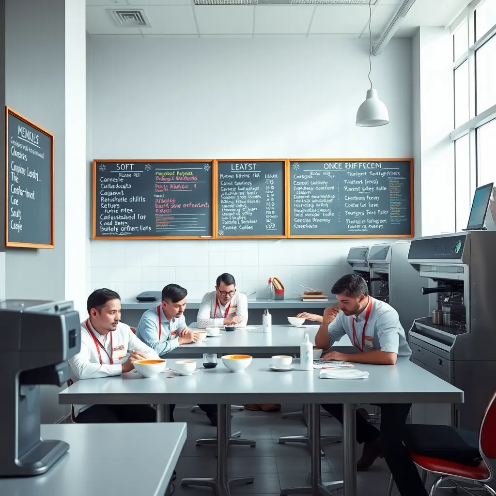 a surreal high-tech office cafeteria transformed into a free-software themed canteen, chalkboard menus with strange idealistic food names, programmers in badges examining soup like code reviewers, industrial coffee machines, humorous corporate realism, bright natural light