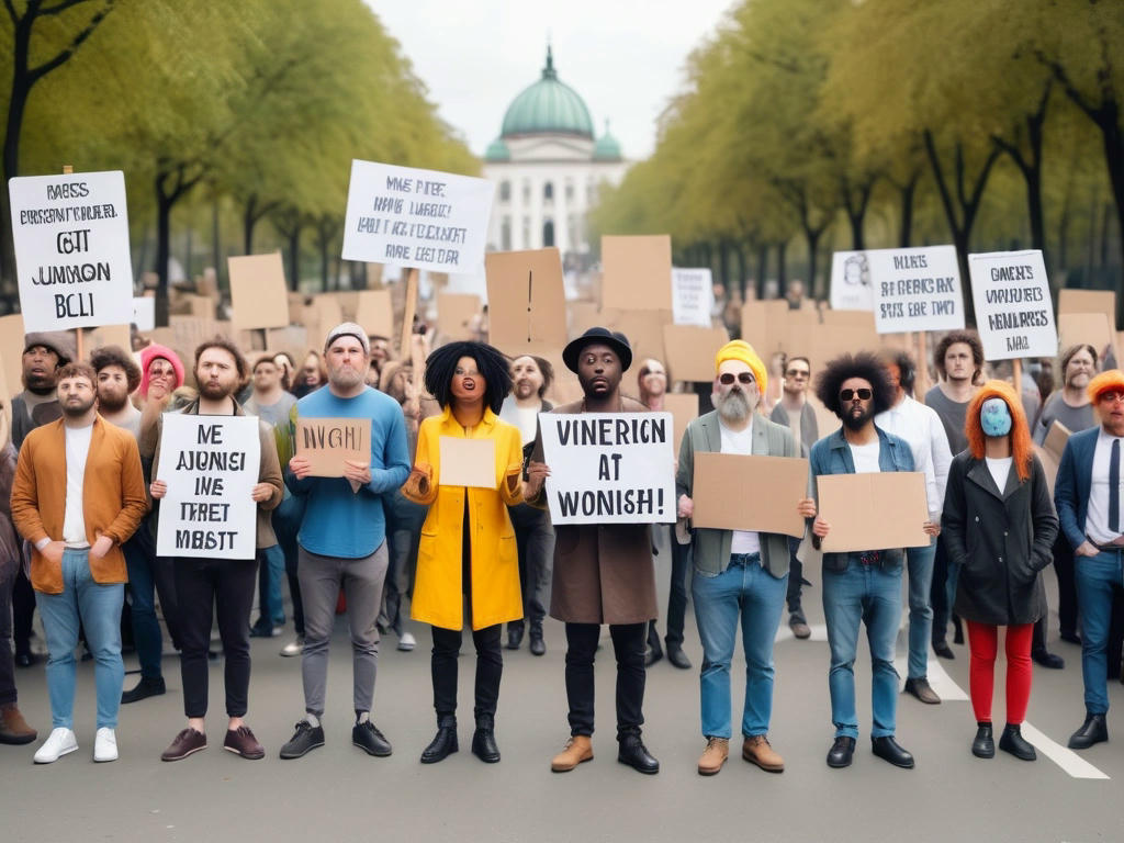 a satirical protest with humorous signs, diverse group of people, peaceful demonstration