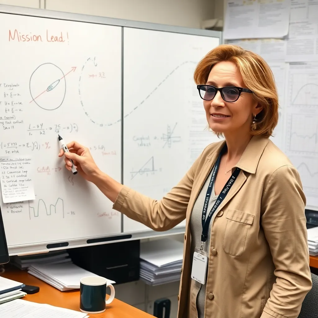 Dr. Marla Henders pointing at a whiteboard with equations and a rocket doodle in sunglasses
