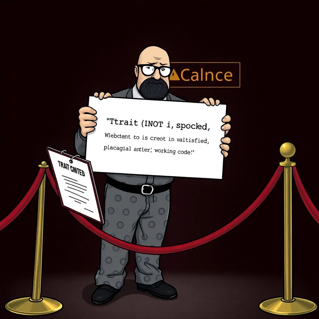 A stern compiler error message rendered as a bouncer in a velvet rope line, holding a clipboard that reads 'TRAIT NOT SATISFIED', blocking a confused programmer in pajamas from entering a club called 'Working Code'