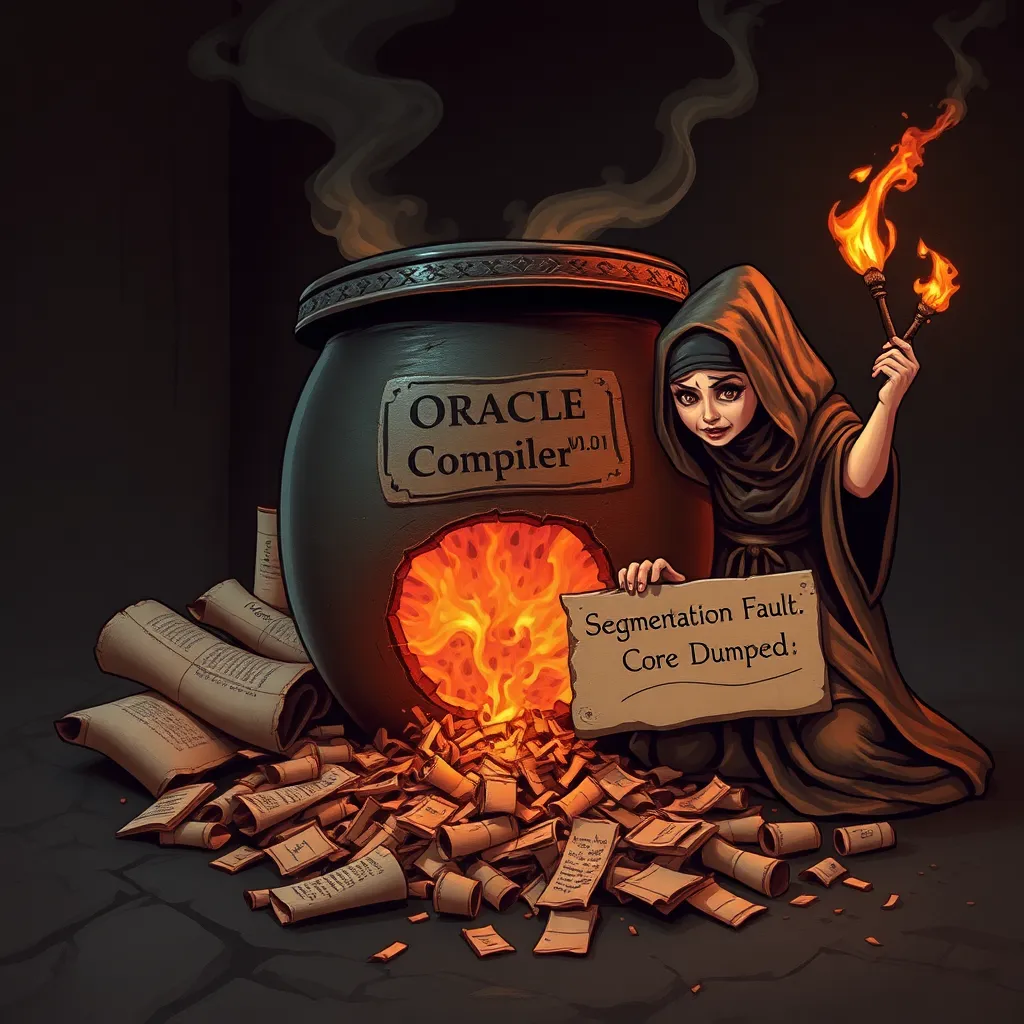 A steaming bronze cauldron labeled 'Oracle Compiler v0.1' vomiting shredded papyrus scrolls, with a terrified priestess holding a stylus and a broken clay tablet reading 'Segmentation Fault: Core Dumped'