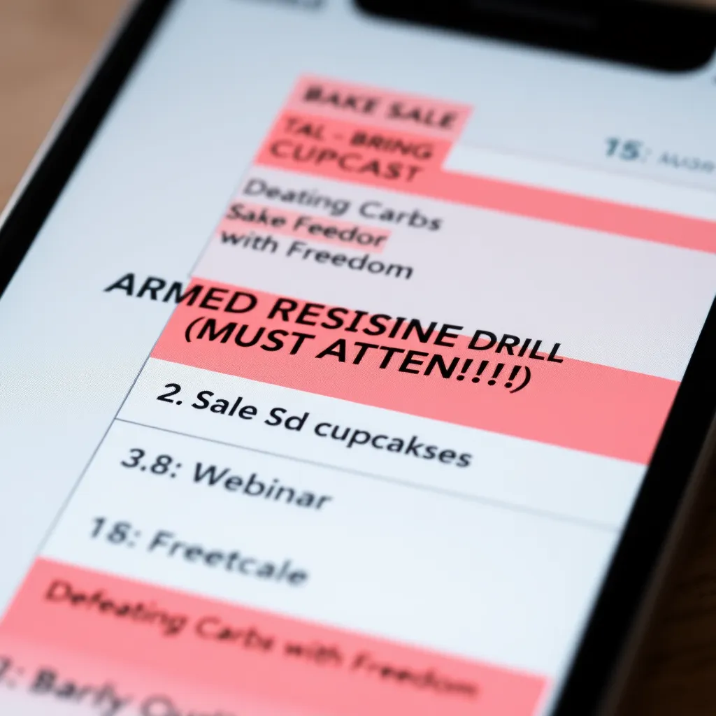 close-up of a smartphone screen showing a chaotic digital calendar with overlapping events: 'ARMED RESISTANCE DRILL (MUST ATTEND!!!)' next to 'Bake Sale - BRING CUPCAKES' and 'Webinar: Defeating Carbs with Freedom', all highlighted in angry red