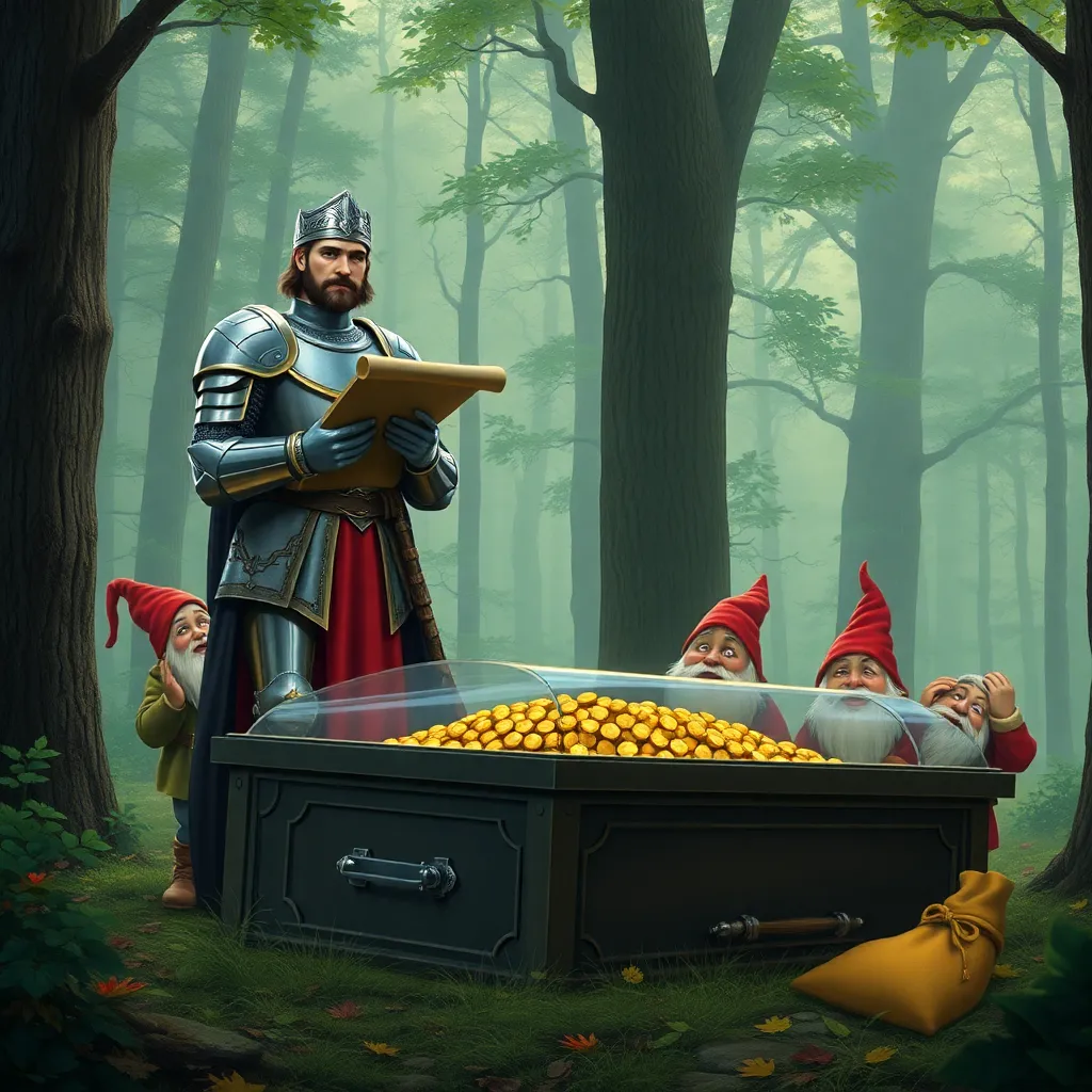 A prince in shining armor holding a long legal scroll and a calculator, standing over a glass coffin in a forest, the seven dwarves are crying and hiding bags of gold