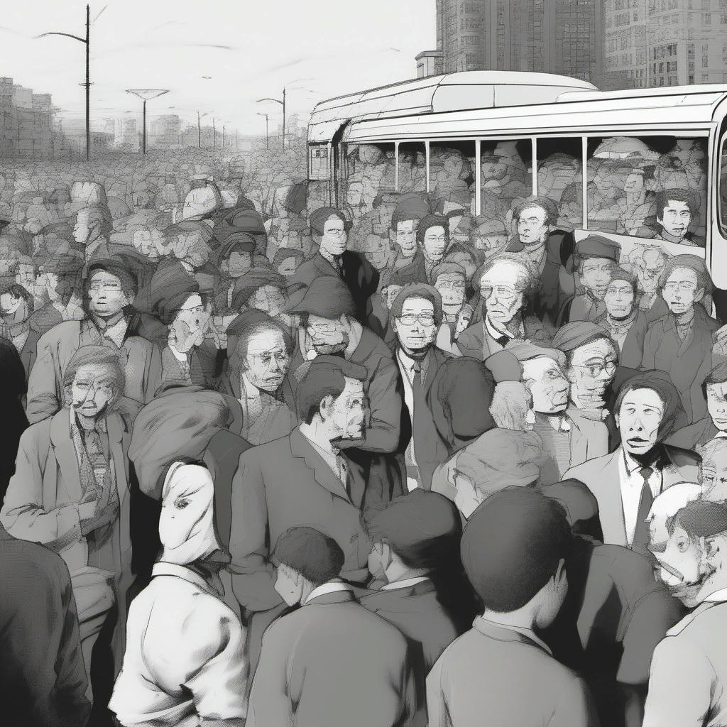 Excited individuals waiting at bus stop for the nuclear bus