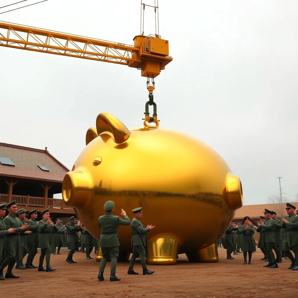 A giant golden piggy bank the size of a house being lowered by a crane into a military compound, while soldiers in the background practice synchronized wedding dances.
