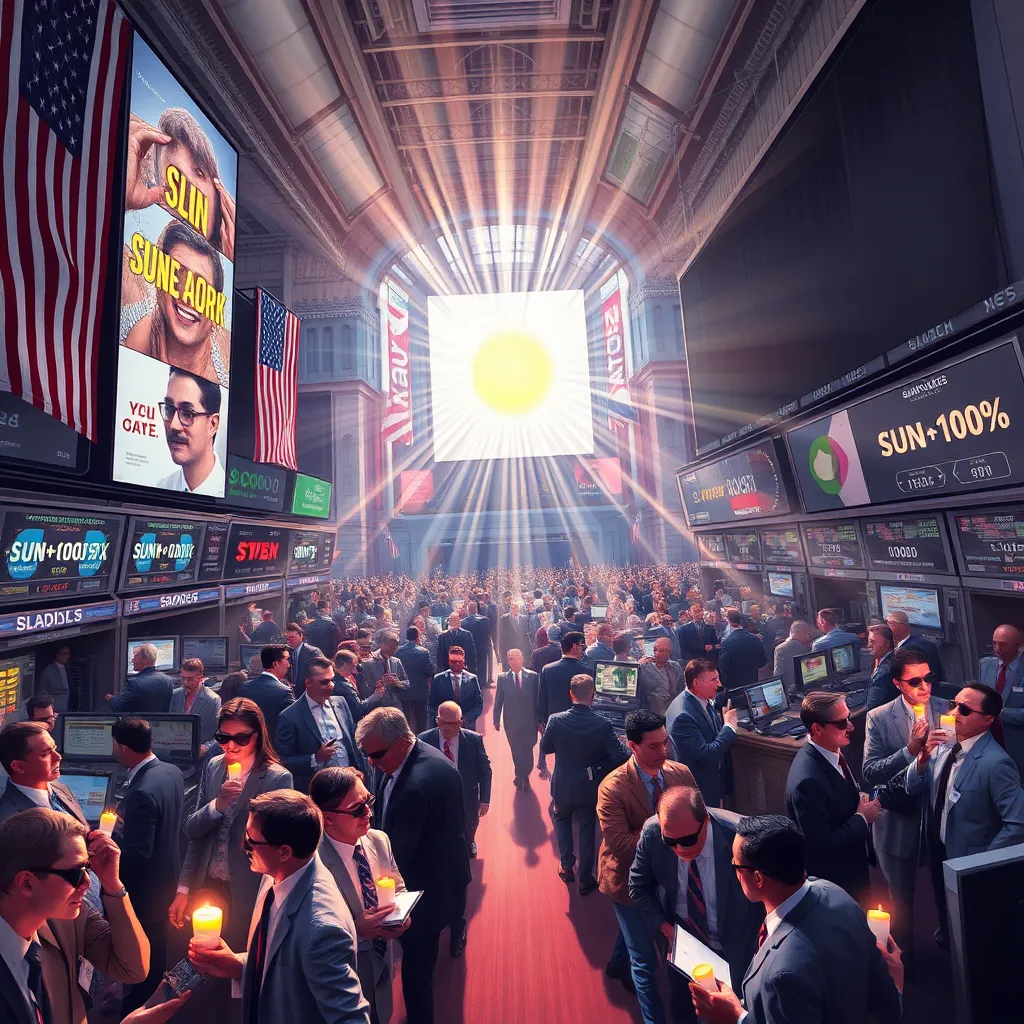 busy New York trading floor in chaos as sunlight beams are marked with price tags and stock tickers, traders wearing sunglasses and clutching candles, giant electronic board showing SUN+100%, blackout curtain ads everywhere, surreal financial panic, highly detailed editorial illustration