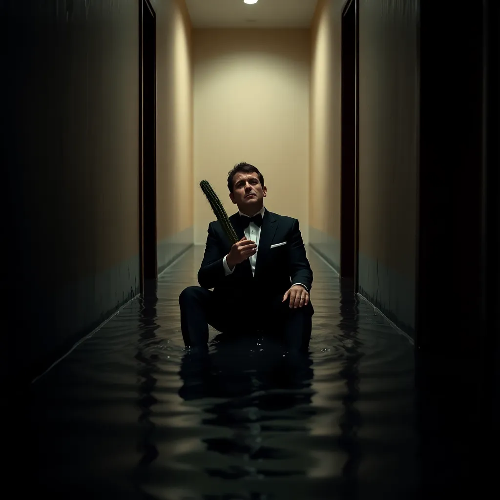 A man in a tuxedo sitting in a flooded hallway, intensely staring at a damp wall while holding a dry cactus, professional lighting, cinematic atmosphere, water up to his knees.