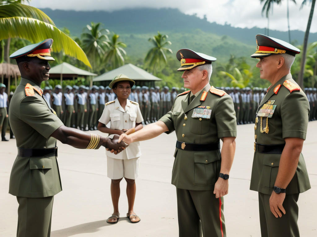 a relaxed military general handing over power to civilians, tropical backdrop, peaceful transition