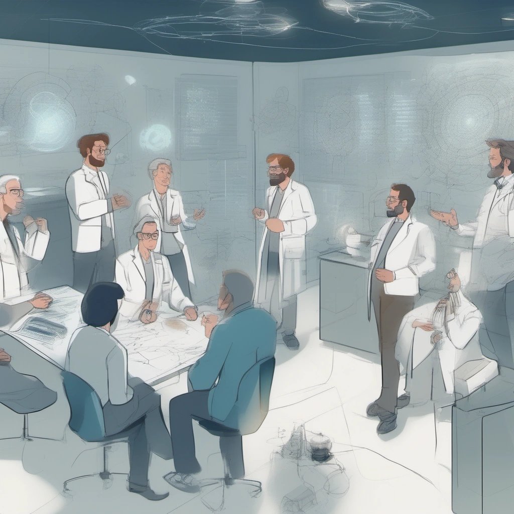 Scientists discussing asymmetric quantum cromulators