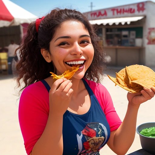 Happy woman eating a delicious taco in Tijuana