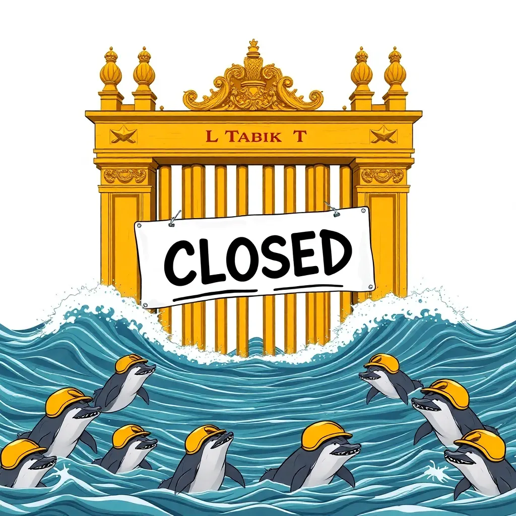 A giant golden gate blocking a narrow sea passage, with a massive 'CLOSED' sign written in comic sans, surrounded by confused dolphins wearing tiny military helmets