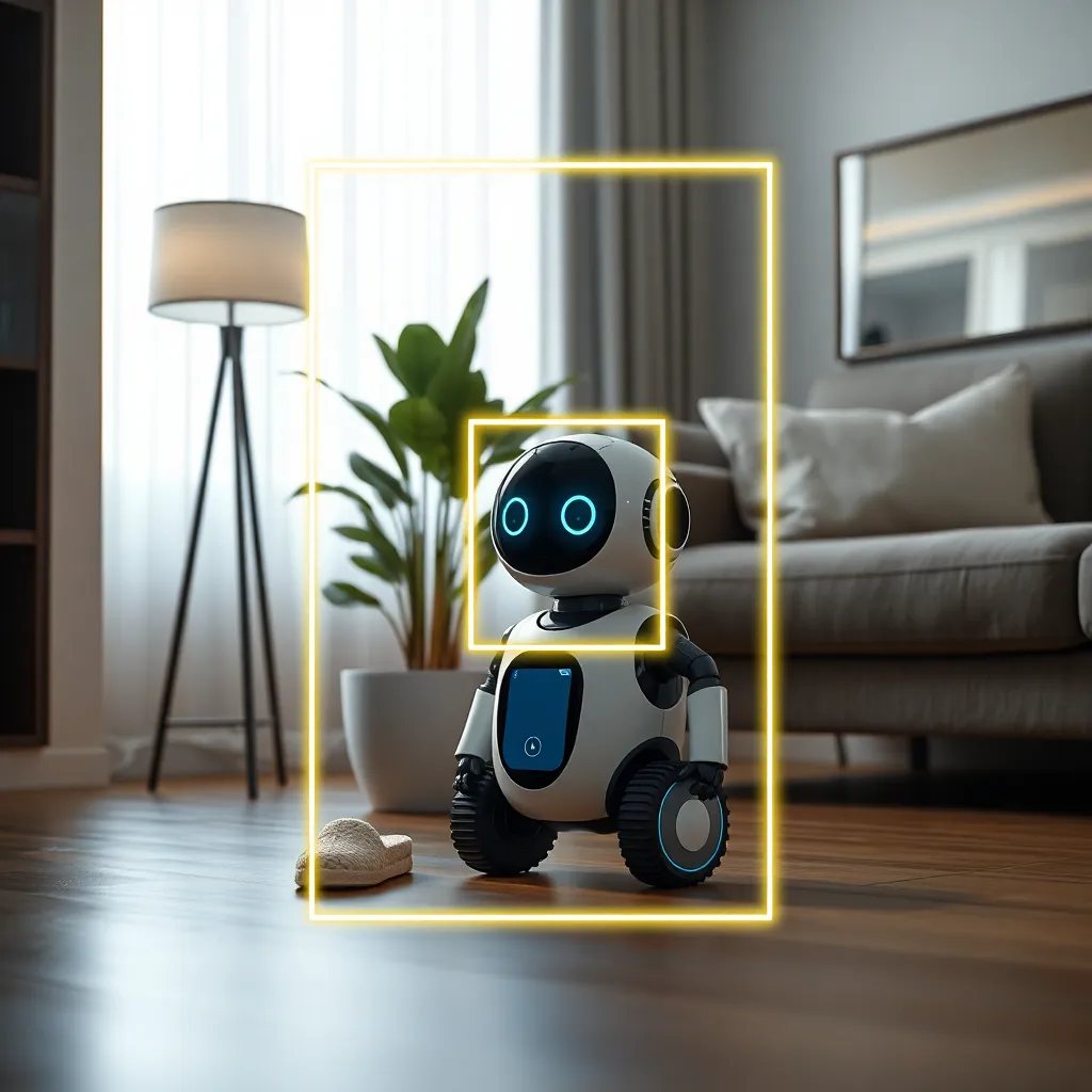 small household robot in a modern apartment detecting objects with glowing bounding boxes around potted plant, slipper, couch, mirror reflection, subtle comedic mood, realistic interior, advanced computer vision interface overlay