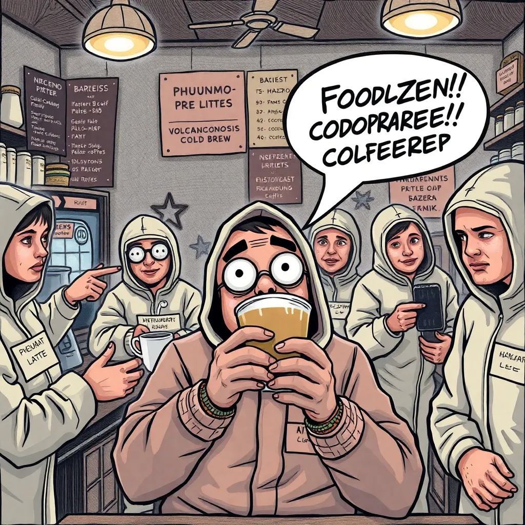 A chaotic coffee shop scene where baristas wear hazmat suits, customers point at menu items labeled 'Pneumo-Prep Latte' and 'Volcanoconiosis Cold Brew', one patron frozen mid-sip with eyes bulging, speech bubble with tangled letters