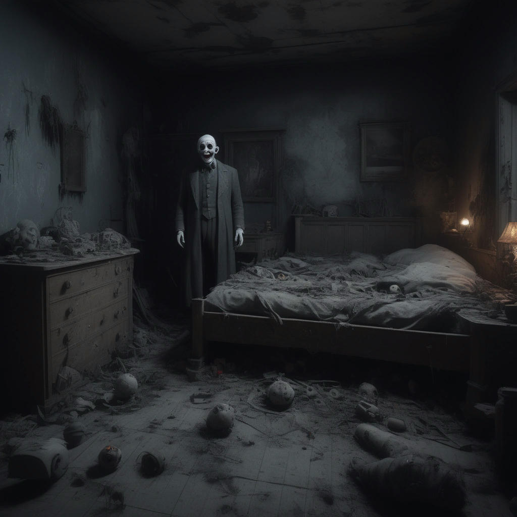 a ghostly child with wide eyes and a grotesque smile, standing in a decaying bedroom with toys scattered on the floor, eerie atmosphere, high detail, horror, photorealistic, dramatic lighting