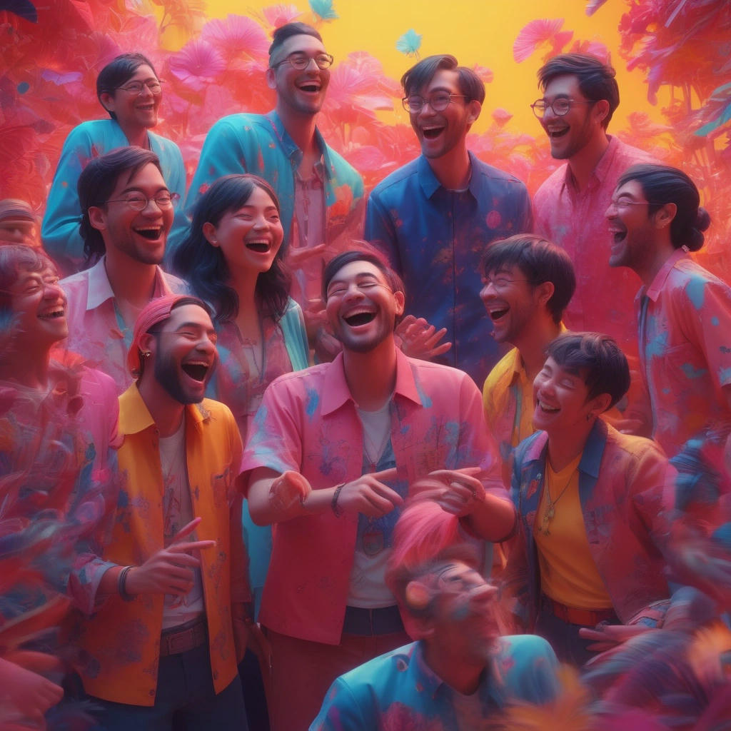 a group of people signing and laughing together, with a bright and colorful background, highly detailed, 4k, cinematic lighting, concept art by James Jean and Karla Ortiz