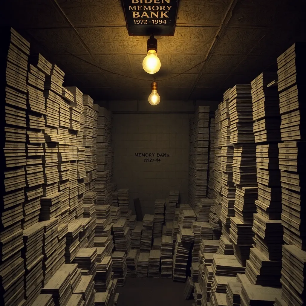 A dusty, dimly lit basement archive filled with millions of paper punchcards stacked in towering piles, a single golden lightbulb hanging from the ceiling, a sign on the wall reads 'BIDEN MEMORY BANK - 1972-1984'