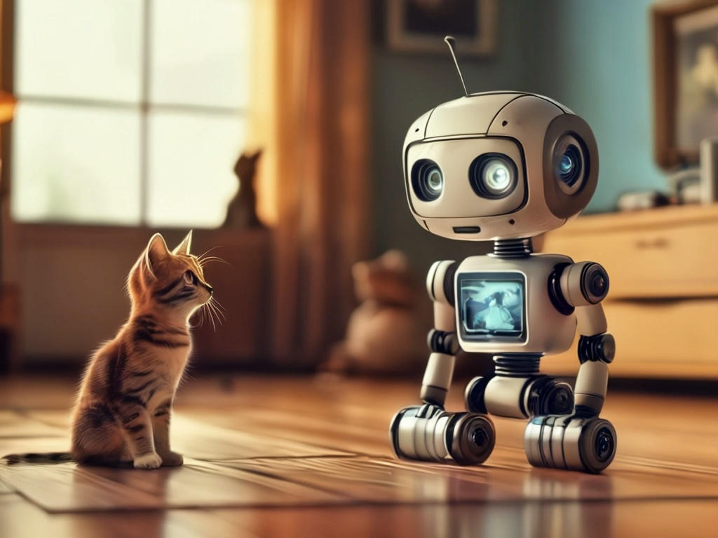 a confused robot looking at a blurry image of a cat and a dog