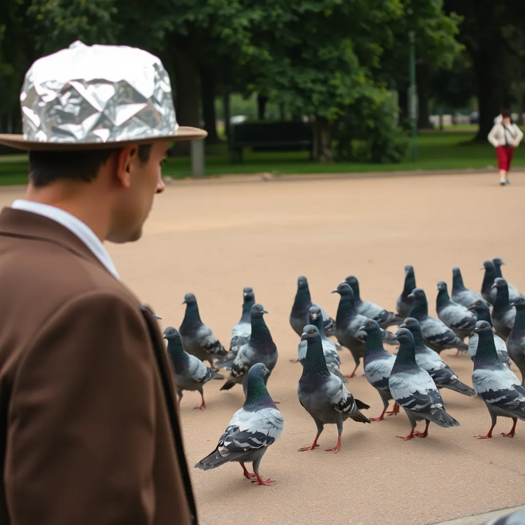 A man wearing a tinfoil hat looking suspiciously at a group of pigeons in a park, the pigeons are standing in a perfect military formation