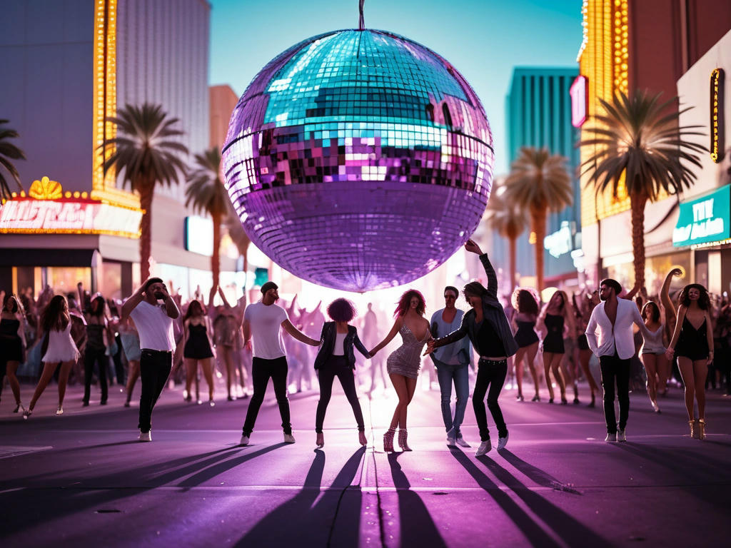 A giant disco ball in the middle of a Las Vegas street, with people dancing and lights flashing