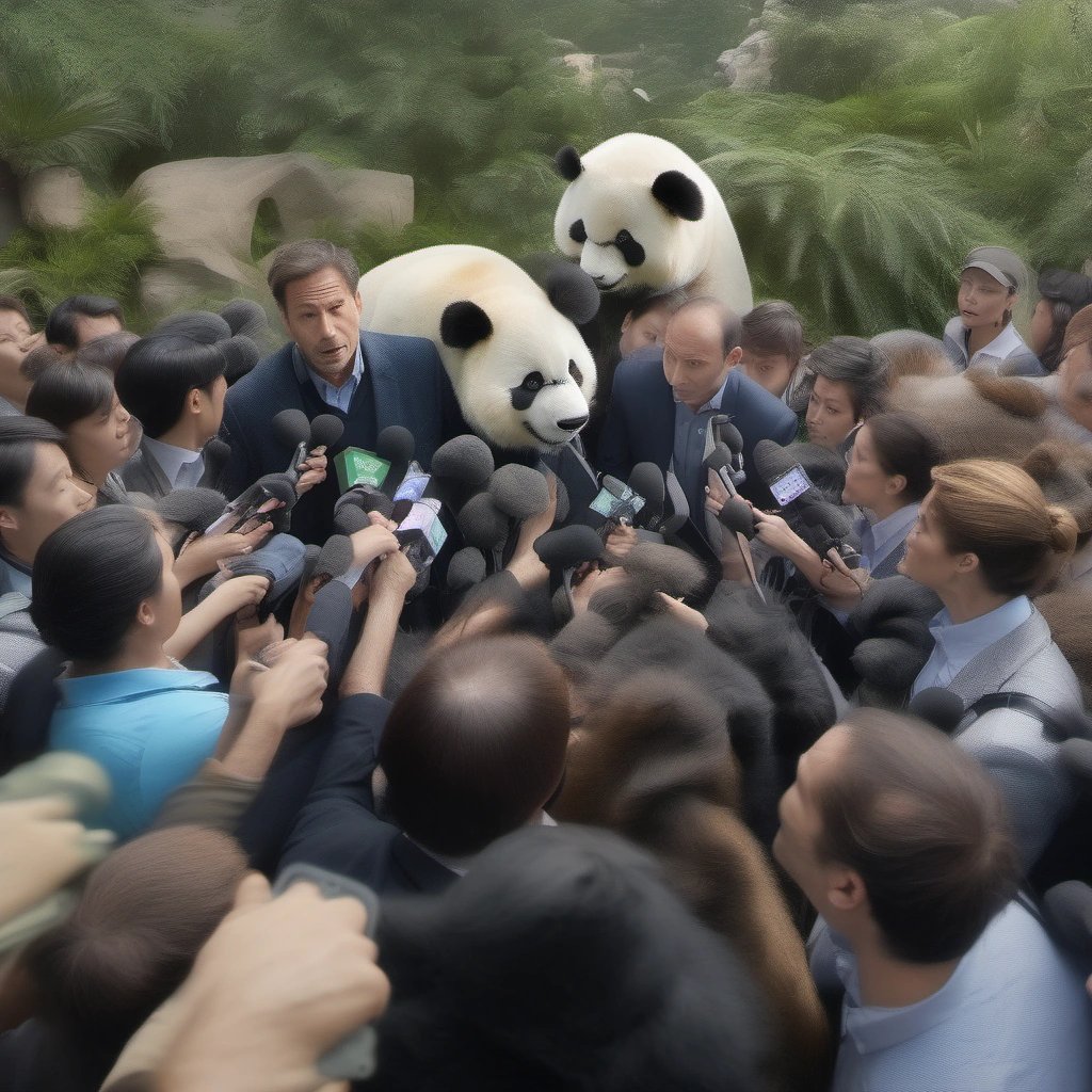 Reporters surrounding a zoo director talking about pandas