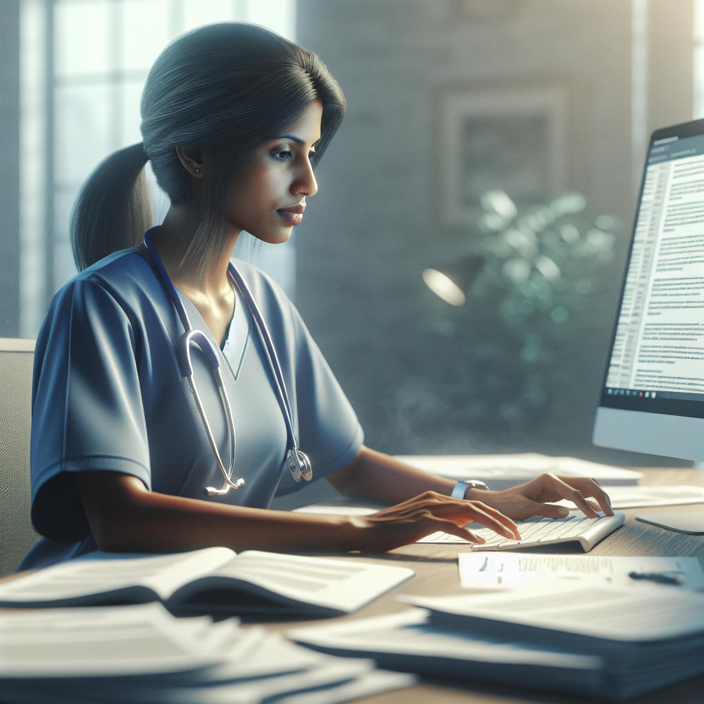 A healthcare professional revising educational materials on a computer, with a focus on inclusive language, high quality, extremely detailed, natural lighting, photo-realistic