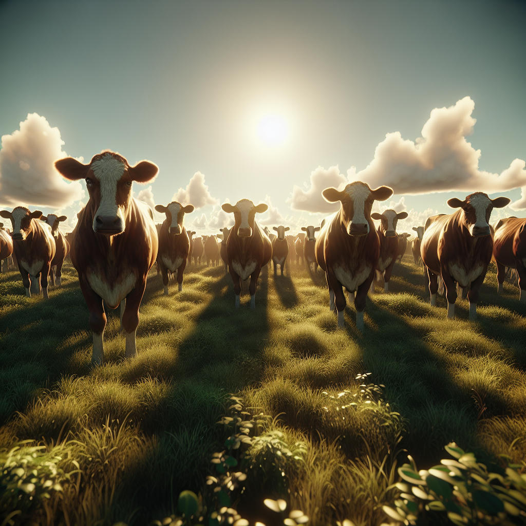 a group of cows standing together, looking out at the viewer, a sunny day with a few clouds, warm lighting, highly detailed, photorealistic, 8k, trending on artstation