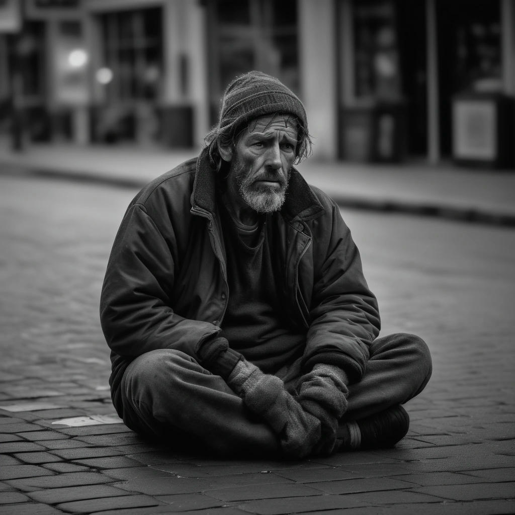 A gritty, realistic photo of a homeless person on Main Street in Hyannis, with a blurred background, a sense of desperation and struggle, 4k, high-contrast, dramatic lighting