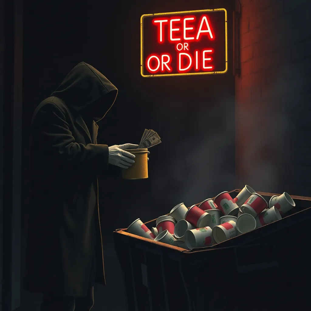 a shadowy alley where a hooded figure exchanges a dusty tea tin for a wad of cash, with a neon 'TEA OR DIE' sign flickering above a dumpster overflowing with discarded coffee cups