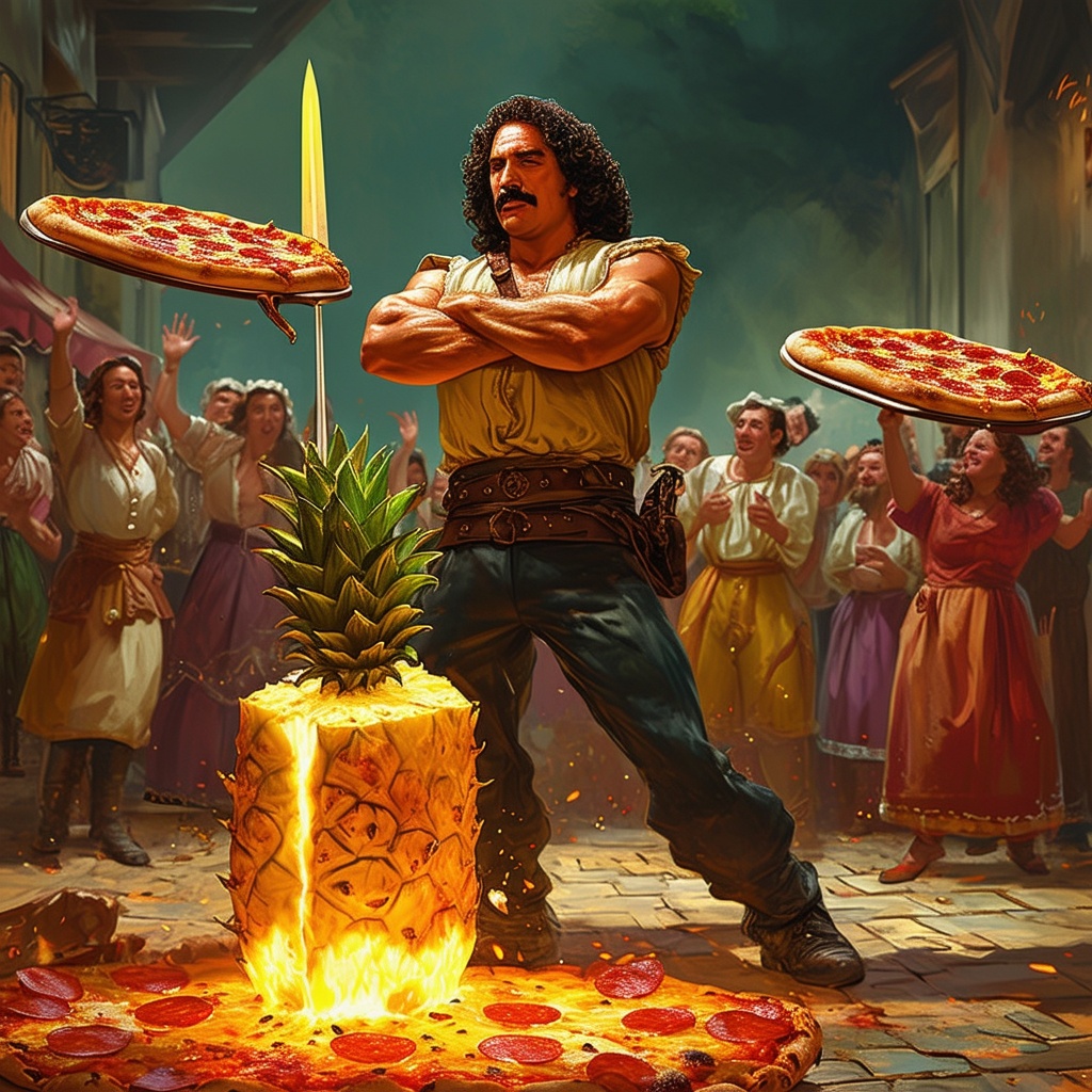 Inigo standing triumphantly over the vanquished pineapple foe, a mist of sweet tropical juice gently wafting into the air.