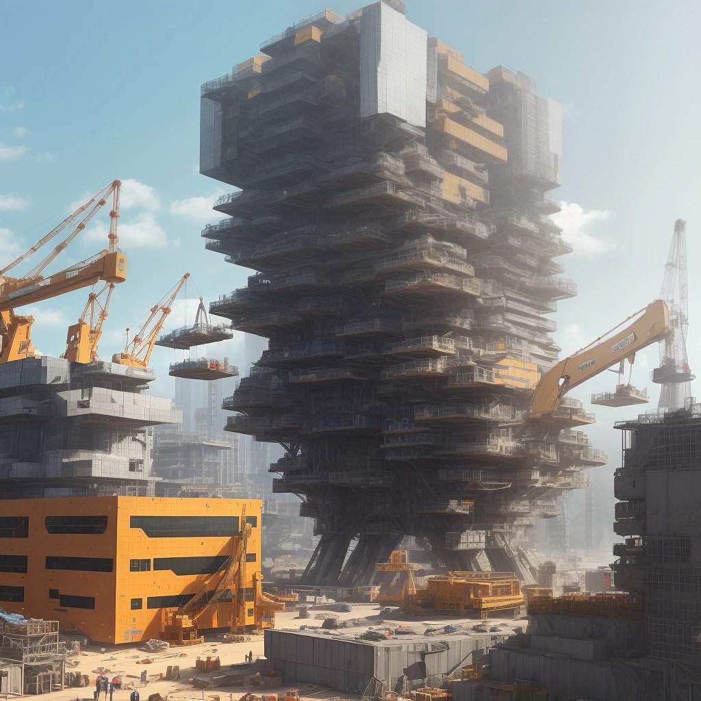 Futuristic construction site with automatic construction machine