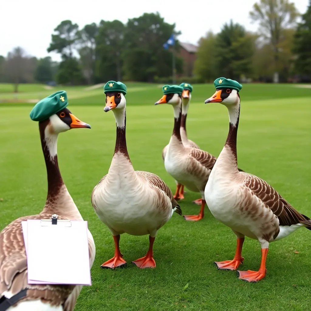 A group of geese wearing tiny military berets, standing in a tactical formation on a golf course green, one goose holding a clipboard while others guard a perimeter.