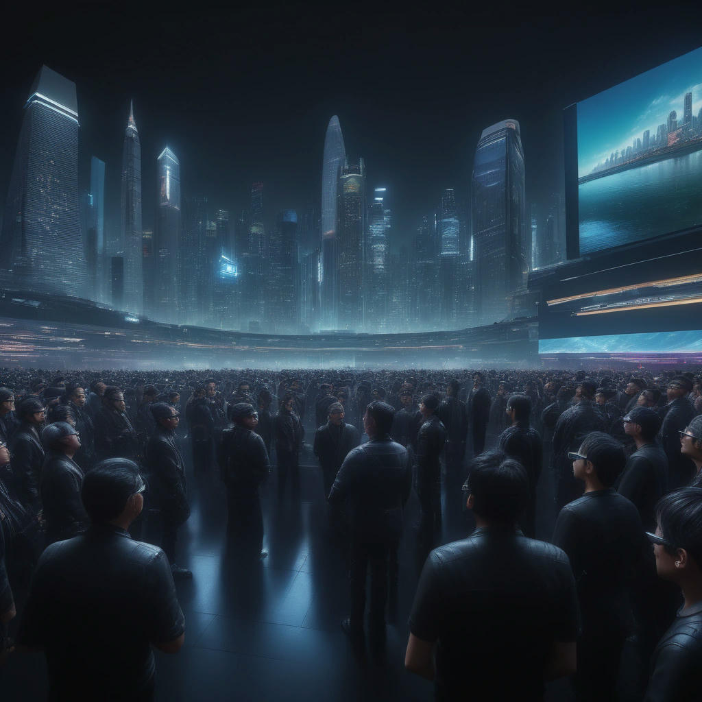 A crowd of tech enthusiasts, diverse in age, gender, and ethnicity, all wearing futuristic VR headsets, looking up at a giant screen displaying Jensen Huang's speech, with a cityscape at night in the background, photorealistic, 8k, cinematic lighting, concept art by Syd Mead and H.R. Giger