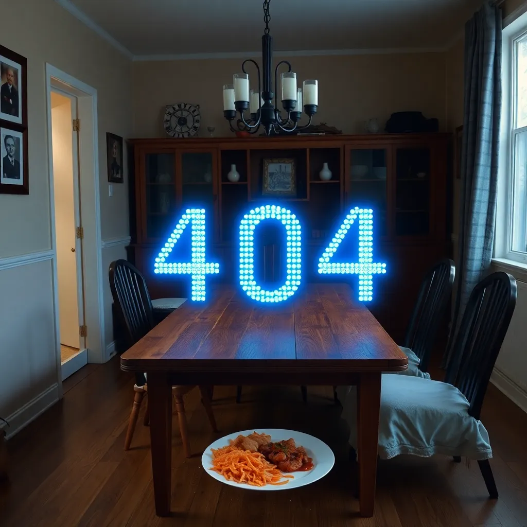 A domestic dining room where a wooden table has been replaced by a giant, glowing blue '404 Error' message floating in the air, a plate of food smashed on the floor below it