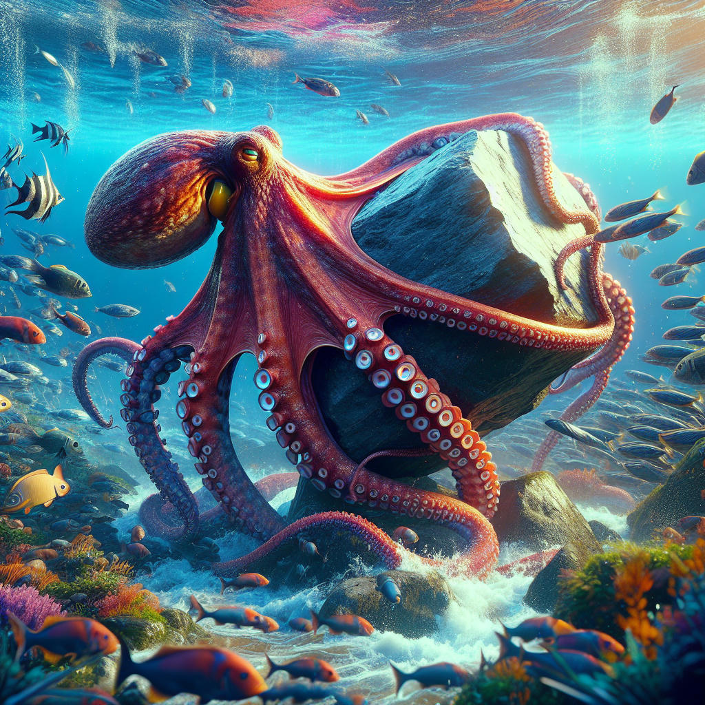 An underwater scene with an octopus using its eleventacle to lift a large rock, with a school of fish swimming in the background, vibrant colors, 4k, hyper-realistic, cinematic lighting, concept art by Ian McQue