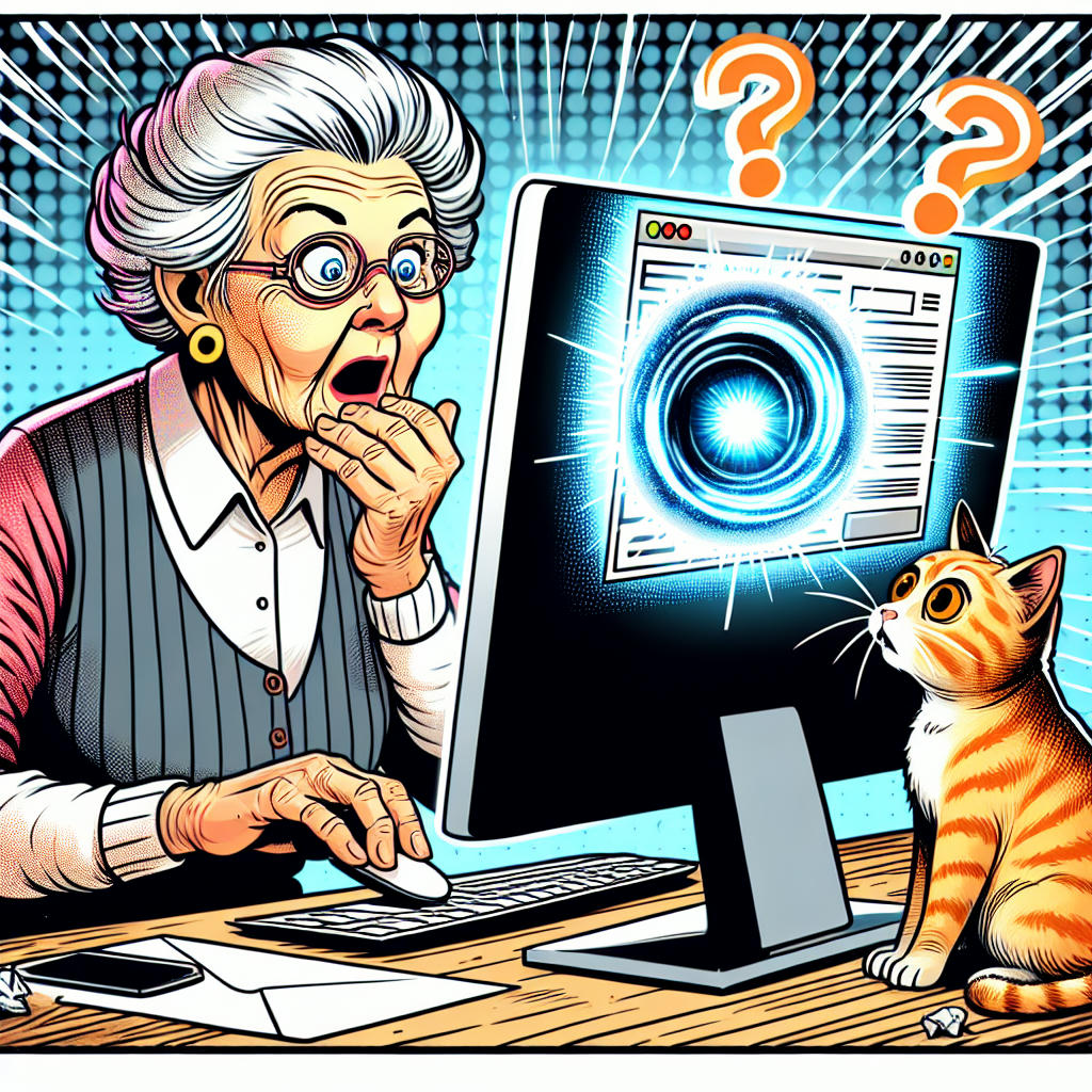 A senior citizen looking surprised as a portal to another dimension opens on her computer screen.
