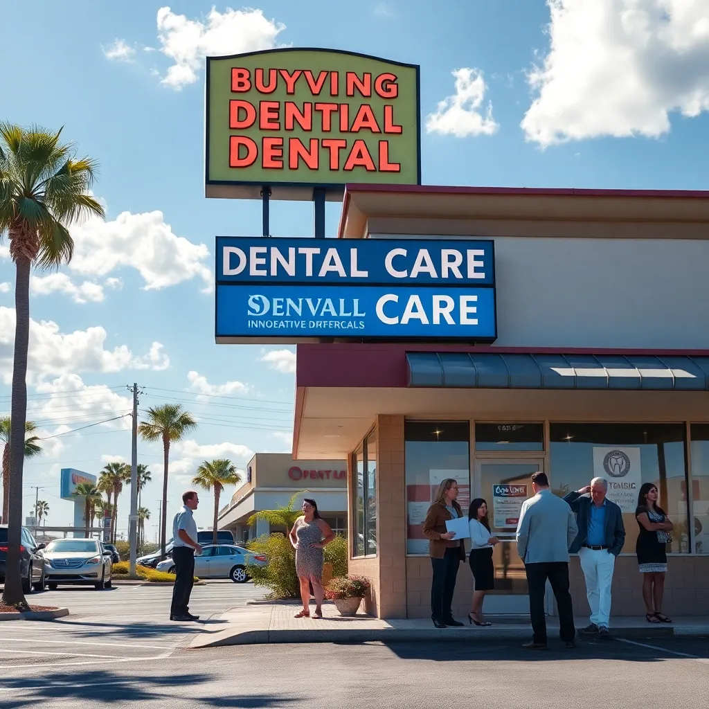 news-style scene of a Florida strip mall dental office with a flashy sign advertising innovative oral care, sunny suburban parking lot, people reacting dramatically, surreal professionalism, vivid realistic detail