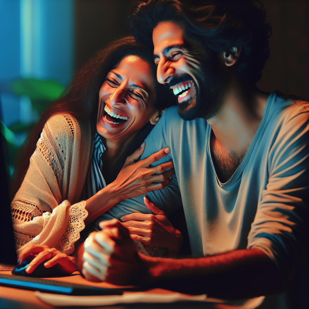 Two individuals laughing together in front of a screen, forgetting about the digital rat race.