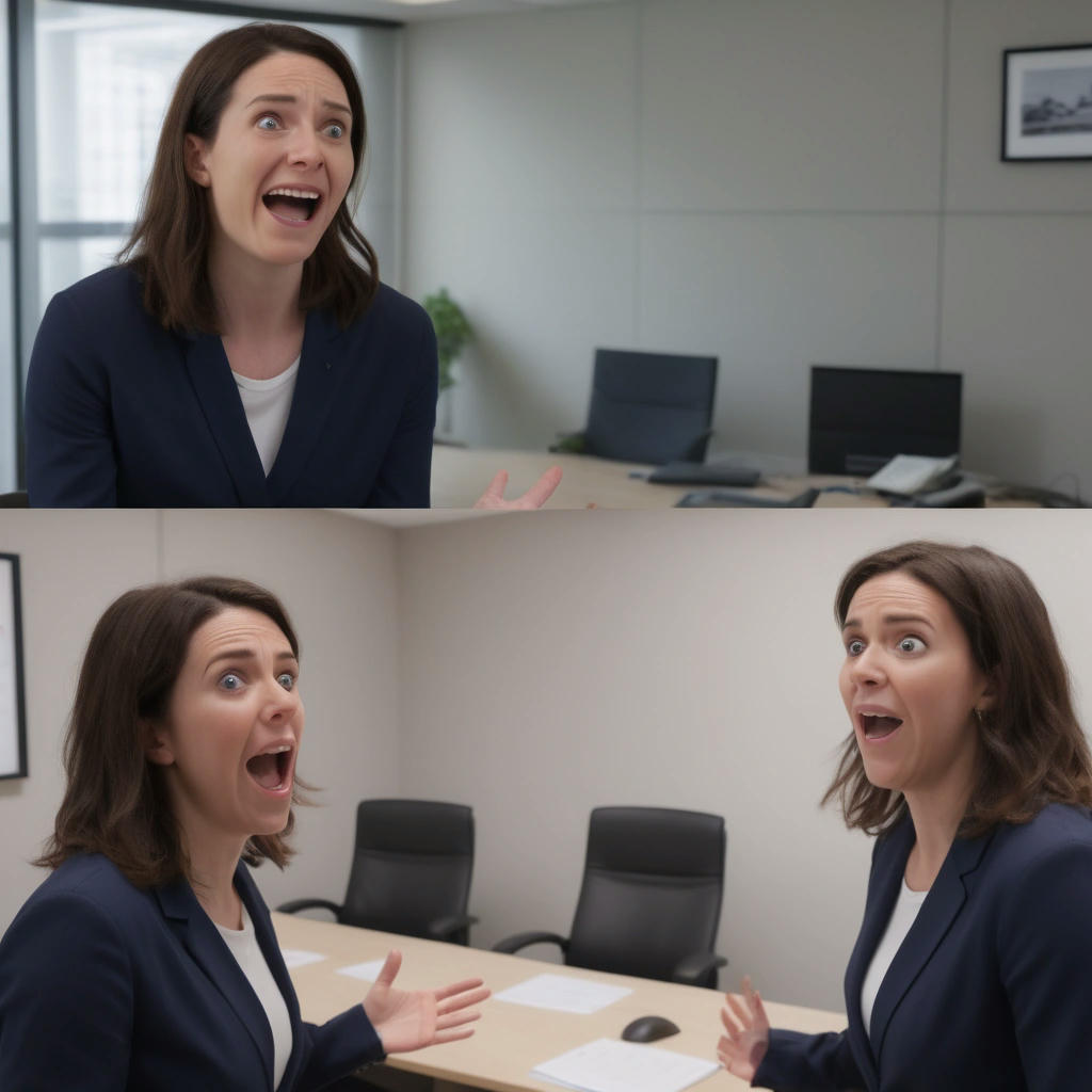 a split-screen image of Sarah before and after, with a 'before' image of her talking loudly and gesturing wildly, and an 'after' image of her listening intently and smiling, office setting, natural lighting, high quality, detailed