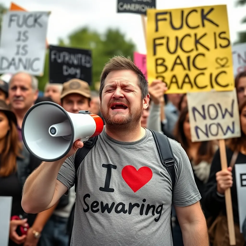 crying man in a 'I ❤ Swearing' t-shirt holding megaphone at protest, surrounded by disappointed sign-holders, one sign says 'FUCK IS BASIC NOW'