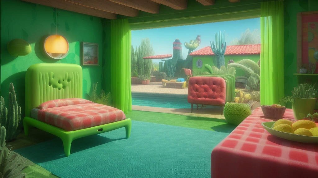 SpongeBob SquarePants moving into a watermelon house, vibrant green exterior, cozy and functional living space, underwater setting, whimsical and detailed, photorealistic, cinematic lighting