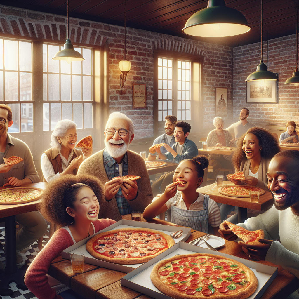 a cozy pizzeria filled with people of all ages, sharing pizzas and laughing together, warm lighting, detailed, high quality, photorealistic