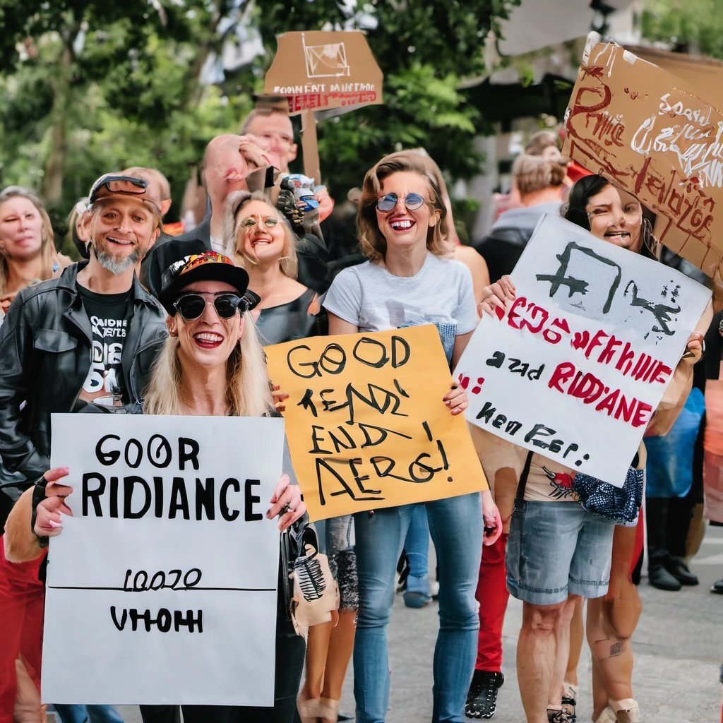 People holding signs celebrating Elon Musk's demise