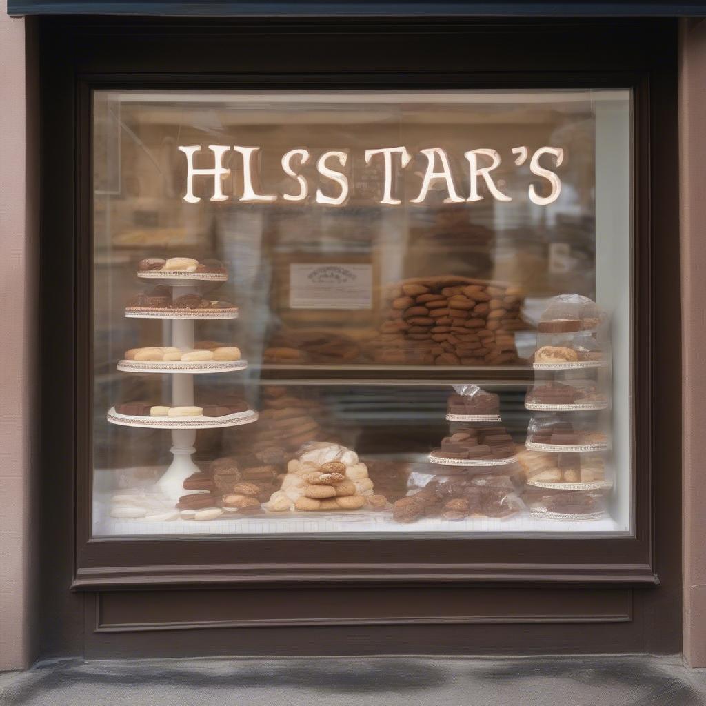 display window of a bakery with pothole-shaped chocolates and cookies labeled 'Historic Hole Treats', decorative ribbon around them