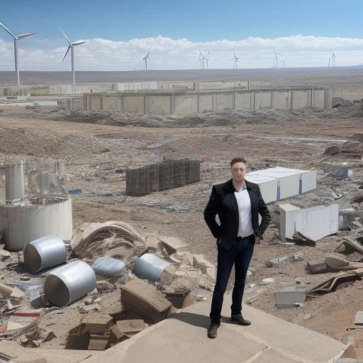 Elon Musk amidst the rubble, ready to rebuild with renewable energy