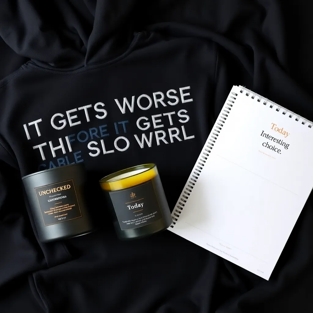 Merch flat-lay: gloom hoodie, accountability candle, “Today” calendar